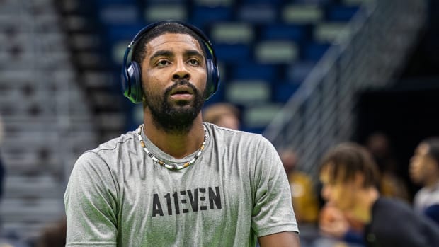 Nov 14, 2023; New Orleans, Louisiana, USA; Dallas Mavericks guard Kyrie Irving (11) during warmups before the game against the New Orleans Pelicans at the Smoothie King Center. Mandatory Credit: Stephen Lew-USA TODAY Sports